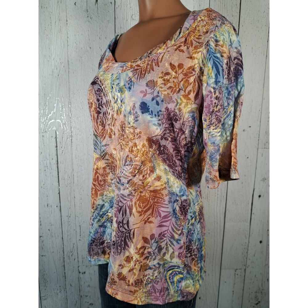 JaneRic Women Multicolor Botanical Leaf Peacock Print Scoop Neck Top‎ Size M